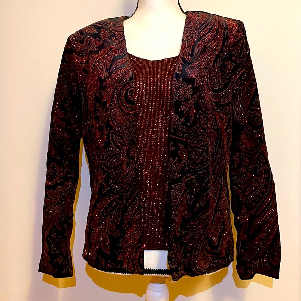 XSCAPE Shimmering Glittery Red Jacket With Matching Metallic Tank Top